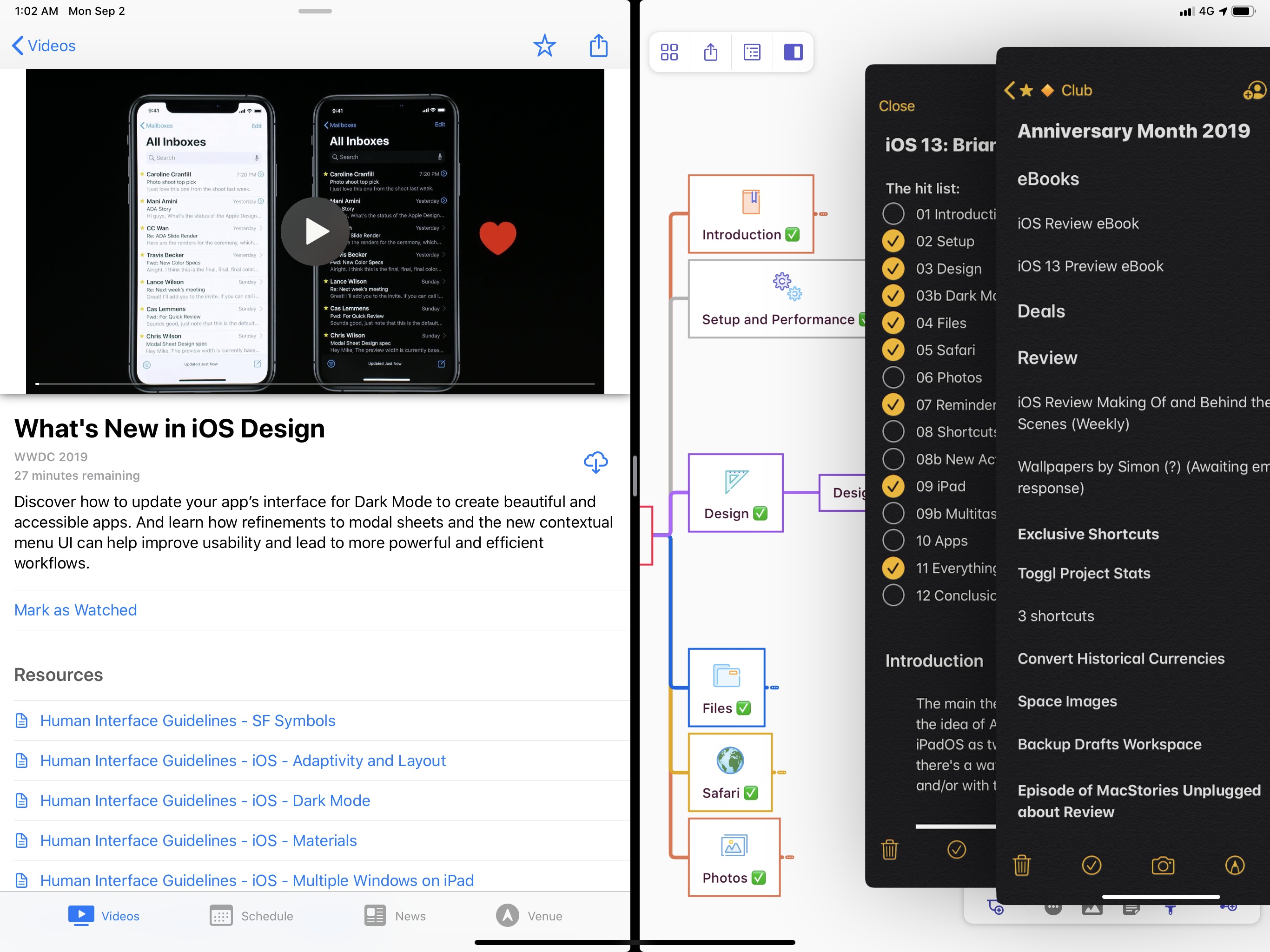 My typical research setup in iPadOS 13: watching a video, working on a mind map, and flipping between multiple Notes windows in Slide Over.
